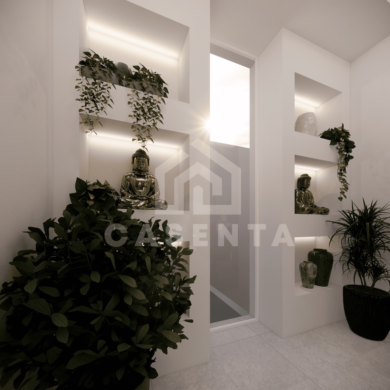 Decorative hallway niche with greenery and shelving