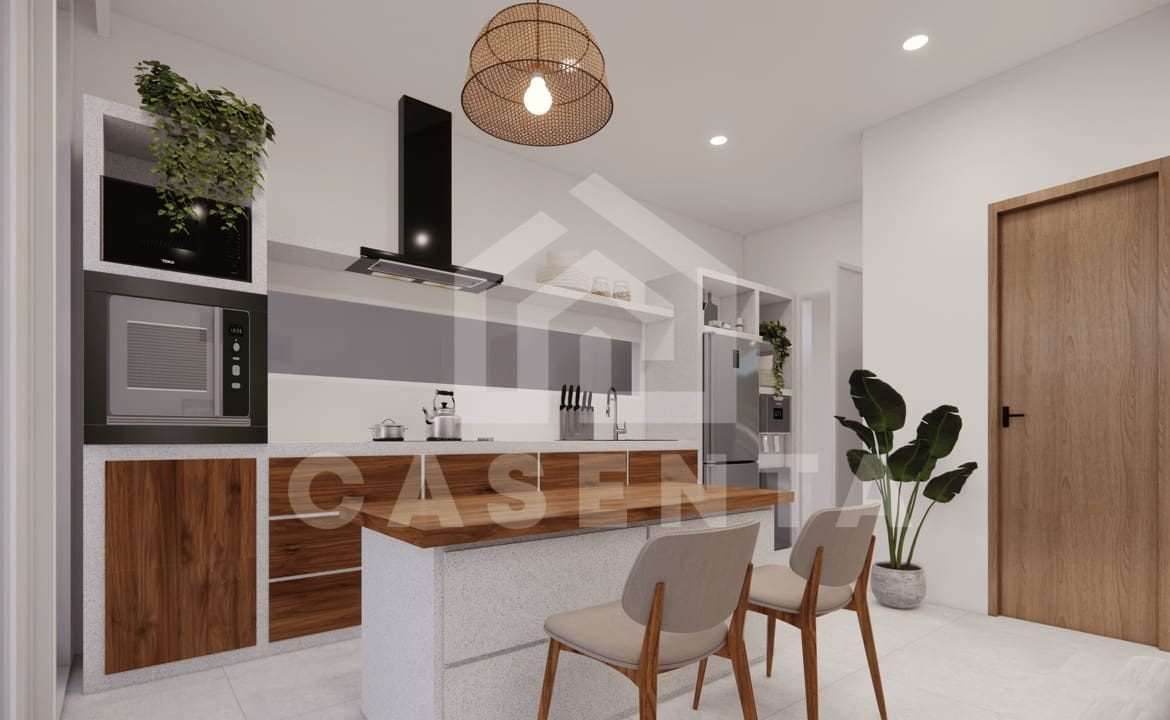 Enclosed kitchen with built-in appliances and dining island