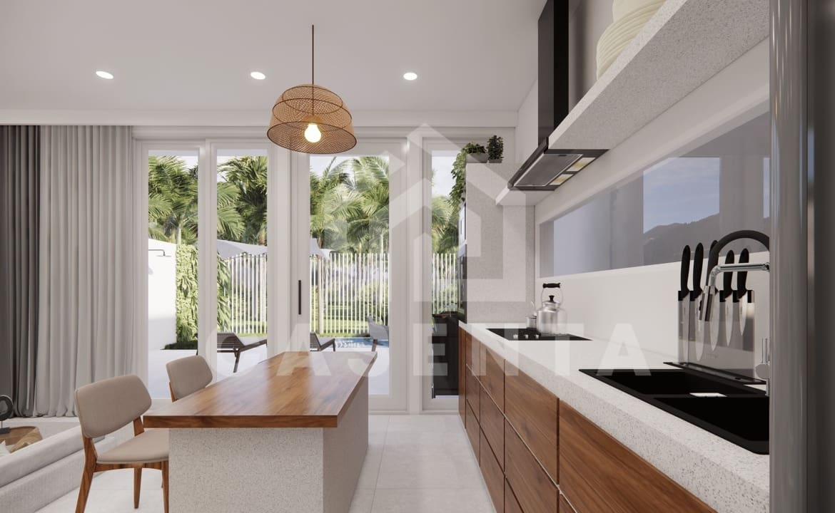 Sliding doors opening to pool and courtyard