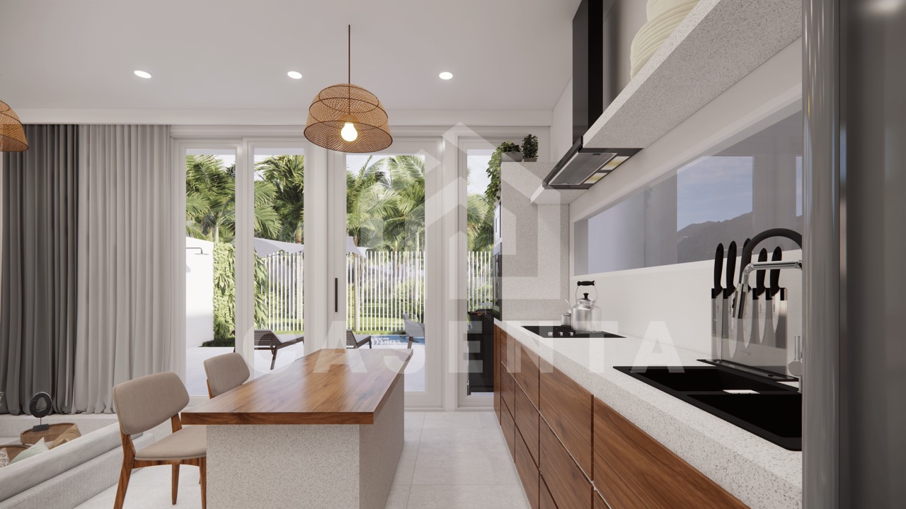 Sliding doors opening to pool and courtyard