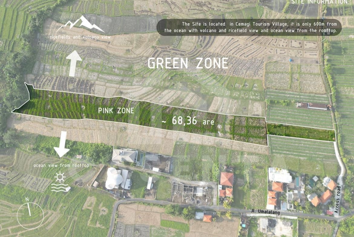 TTourism zoned Cemagi land with rice field and volcano views