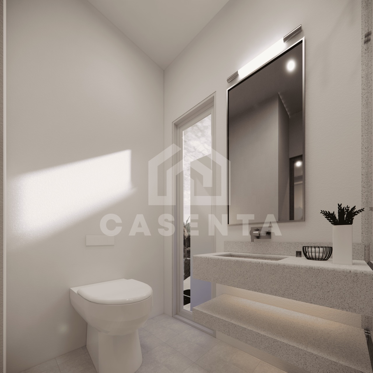 Ensuite bathroom with large mirror and toilet