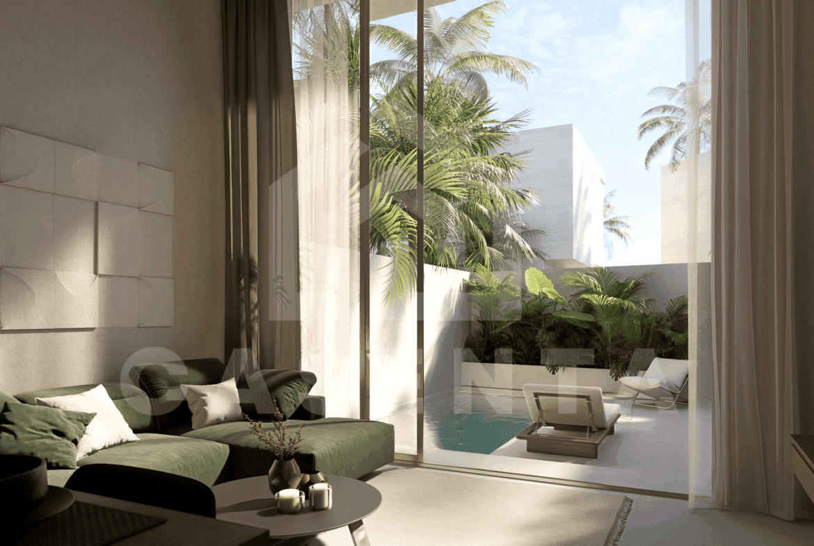 Enclosed living area with pool view in Melasti villa