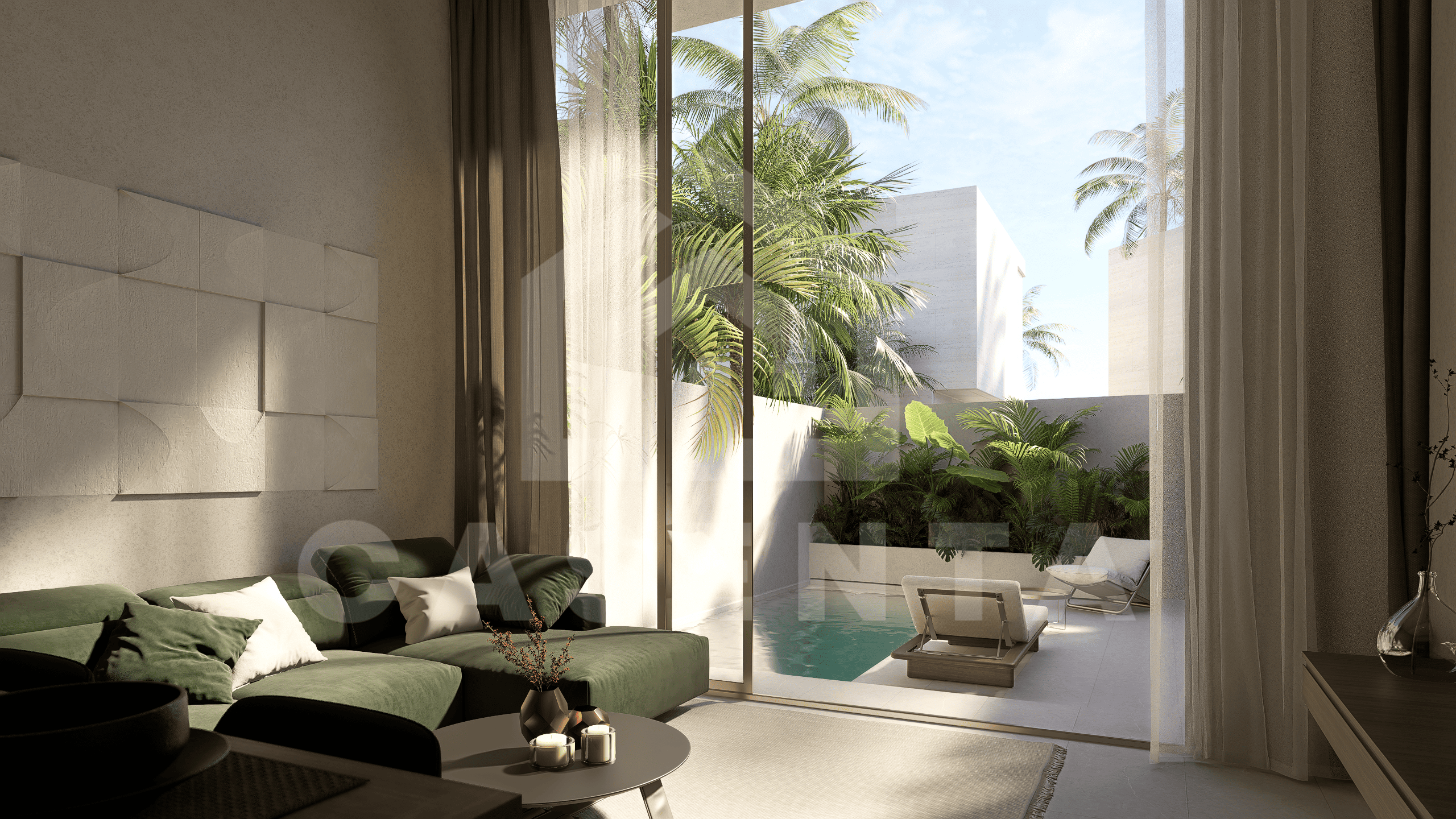 Enclosed living area with pool view in Melasti villa