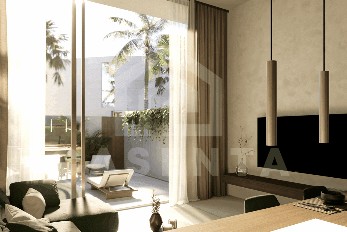 Pool-facing living and dining area in Melasti villa