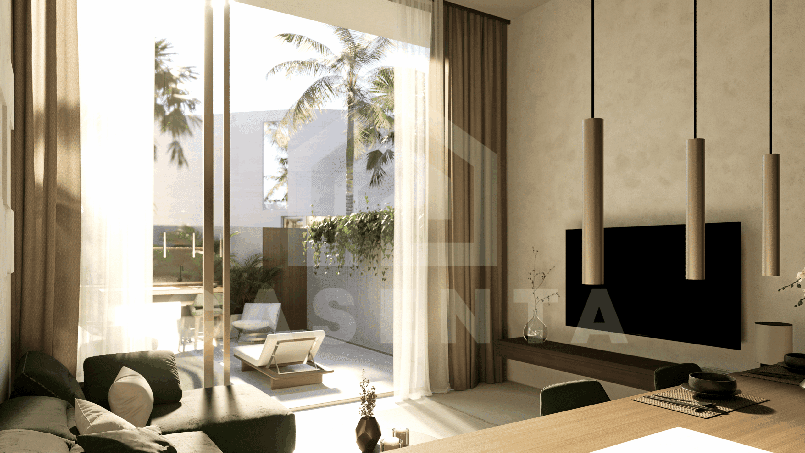 Pool-facing living and dining area in Melasti villa