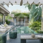 Poolside lounge and shaded seating at Ubud wellness villa