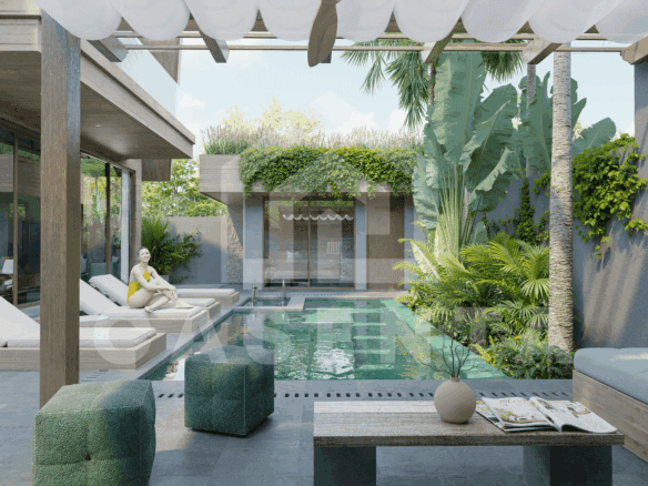 Poolside lounge and shaded seating at Ubud wellness villa