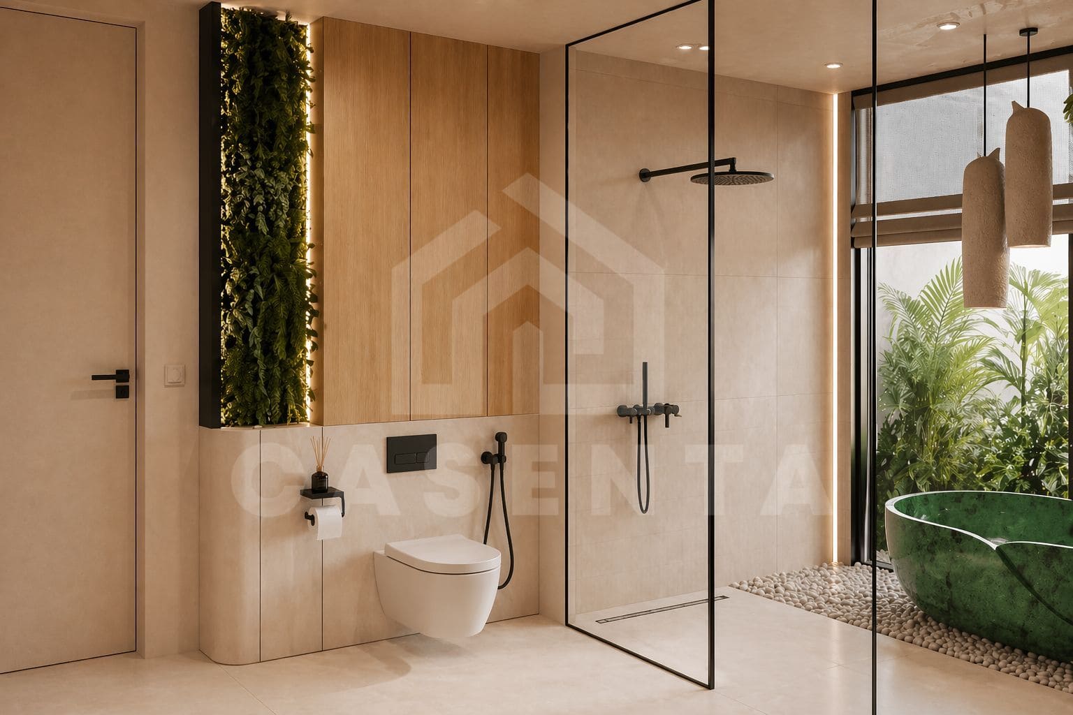 Seseh villa ensuite bathroom with bathtub and rainfall shower