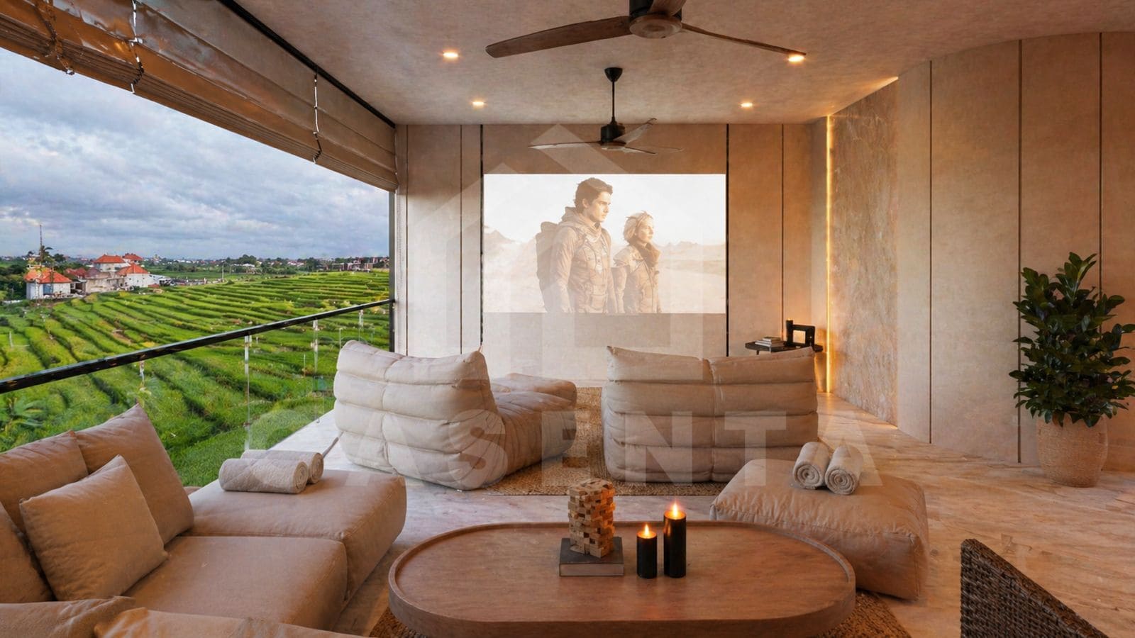 Cozy rooftop cinema lounge with plush seating, soft lighting, and tropical palm views.