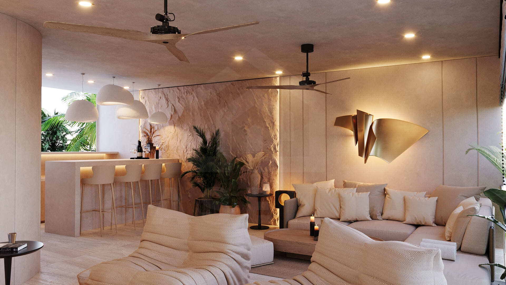Modern tropical rooftop lounge with plush seating, warm lighting, and built-in bar overlooking lush greenery.