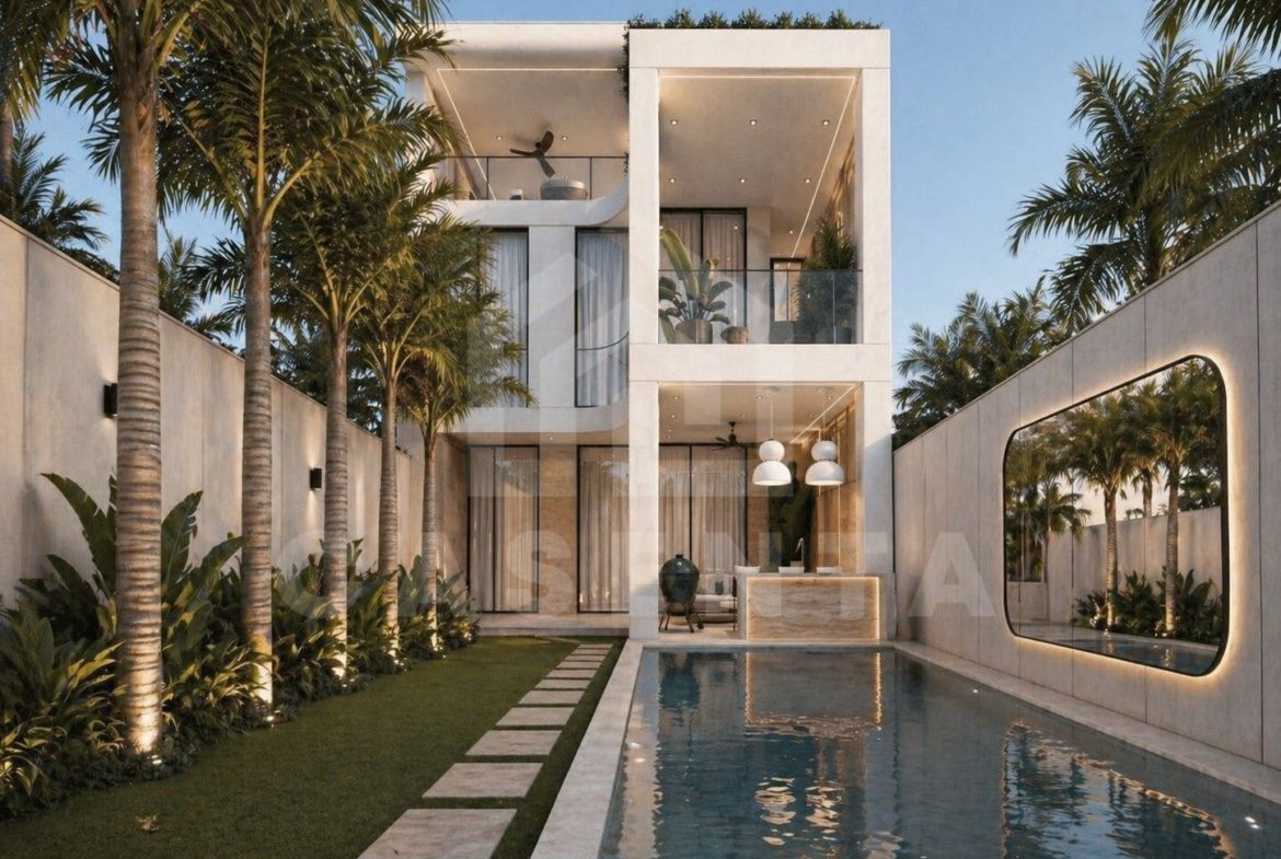 Modern tropical villa exterior with private pool and open-plan living in Seseh