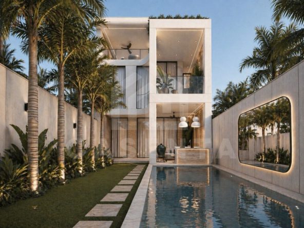 Modern tropical villa exterior with private pool and open-plan living in Seseh