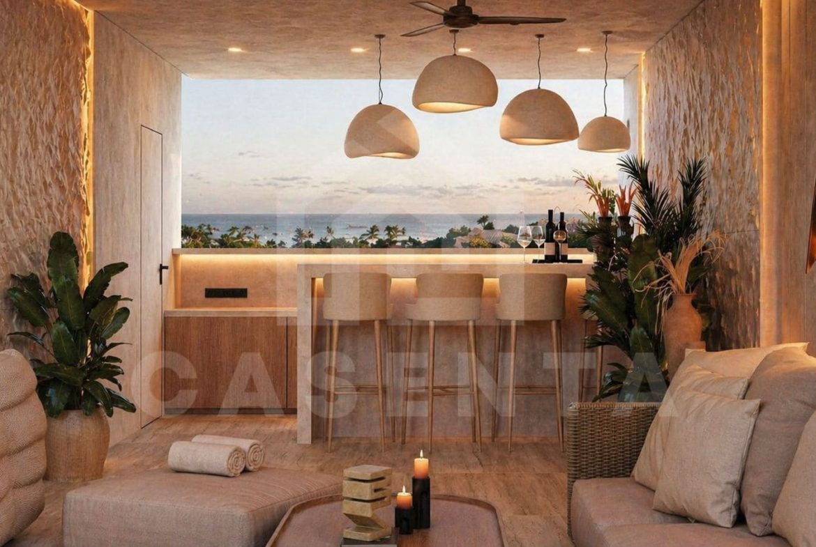 Rooftop lounge with bar seating and ocean horizon view in Seseh villa