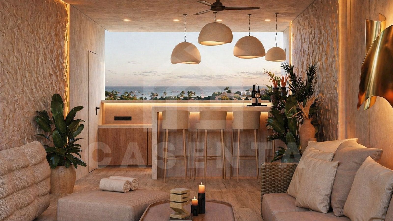 Rooftop lounge with bar seating and ocean horizon view in Seseh villa