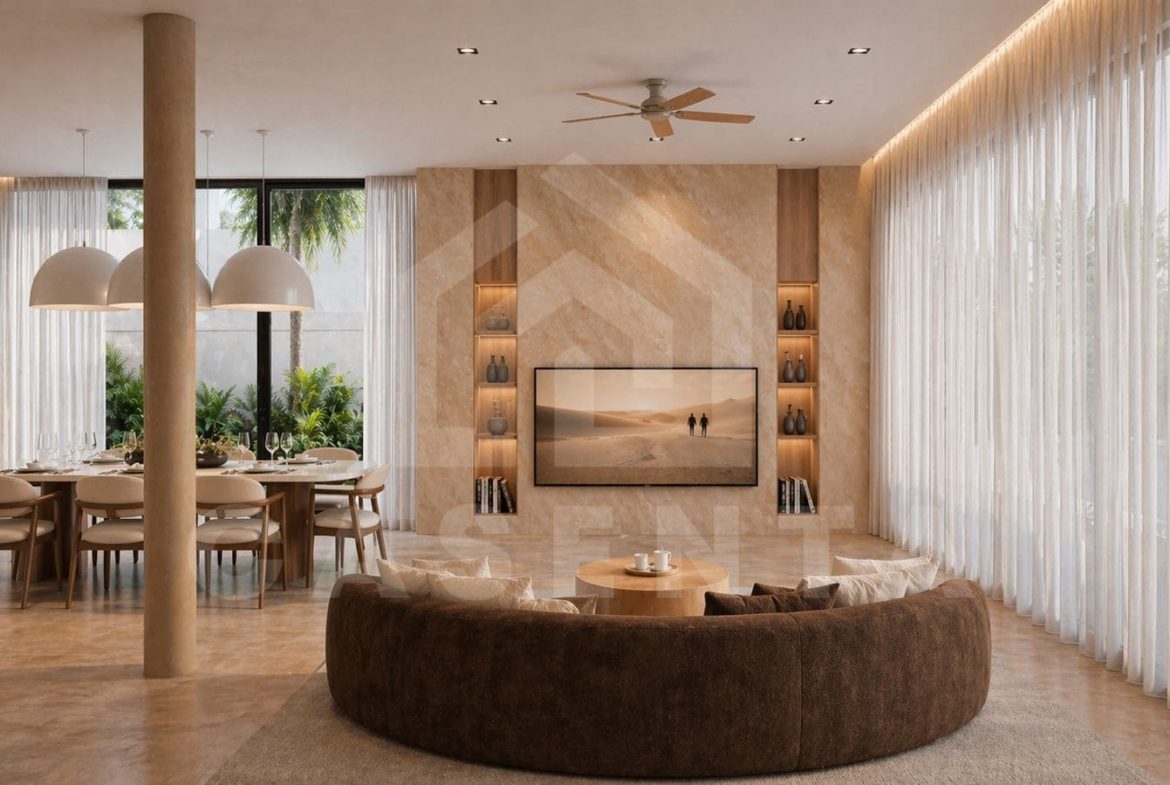 Elegant sunken living area with marble feature wall, built-in shelving, and floor-to-ceiling windows facing lush greenery.