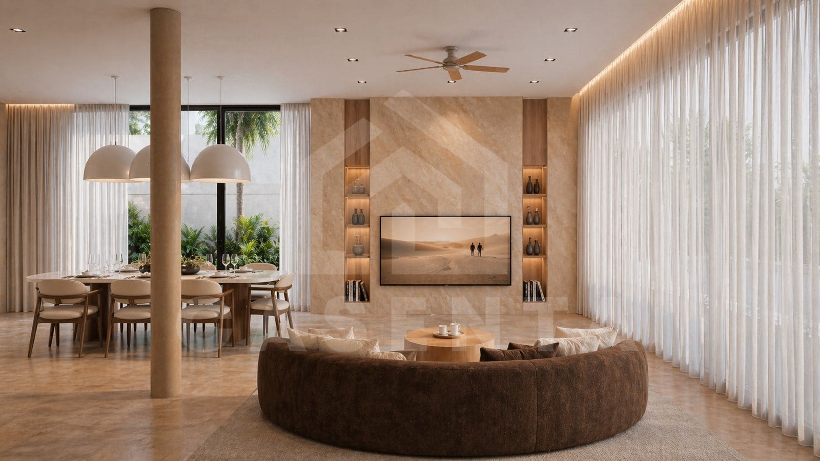 Elegant sunken living area with marble feature wall, built-in shelving, and floor-to-ceiling windows facing lush greenery.