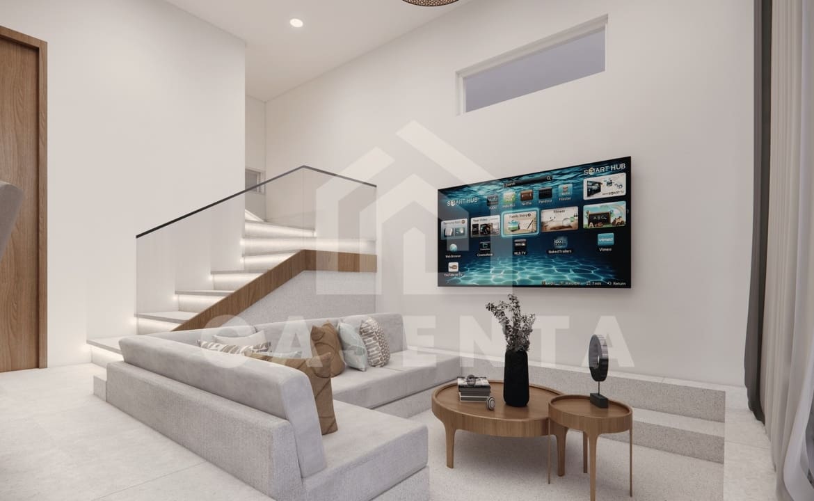 Sunken lounge with modern built-in seating and TV