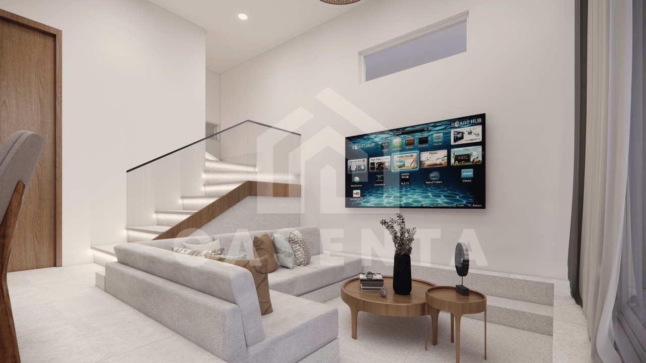 Sunken lounge with modern built-in seating and TV