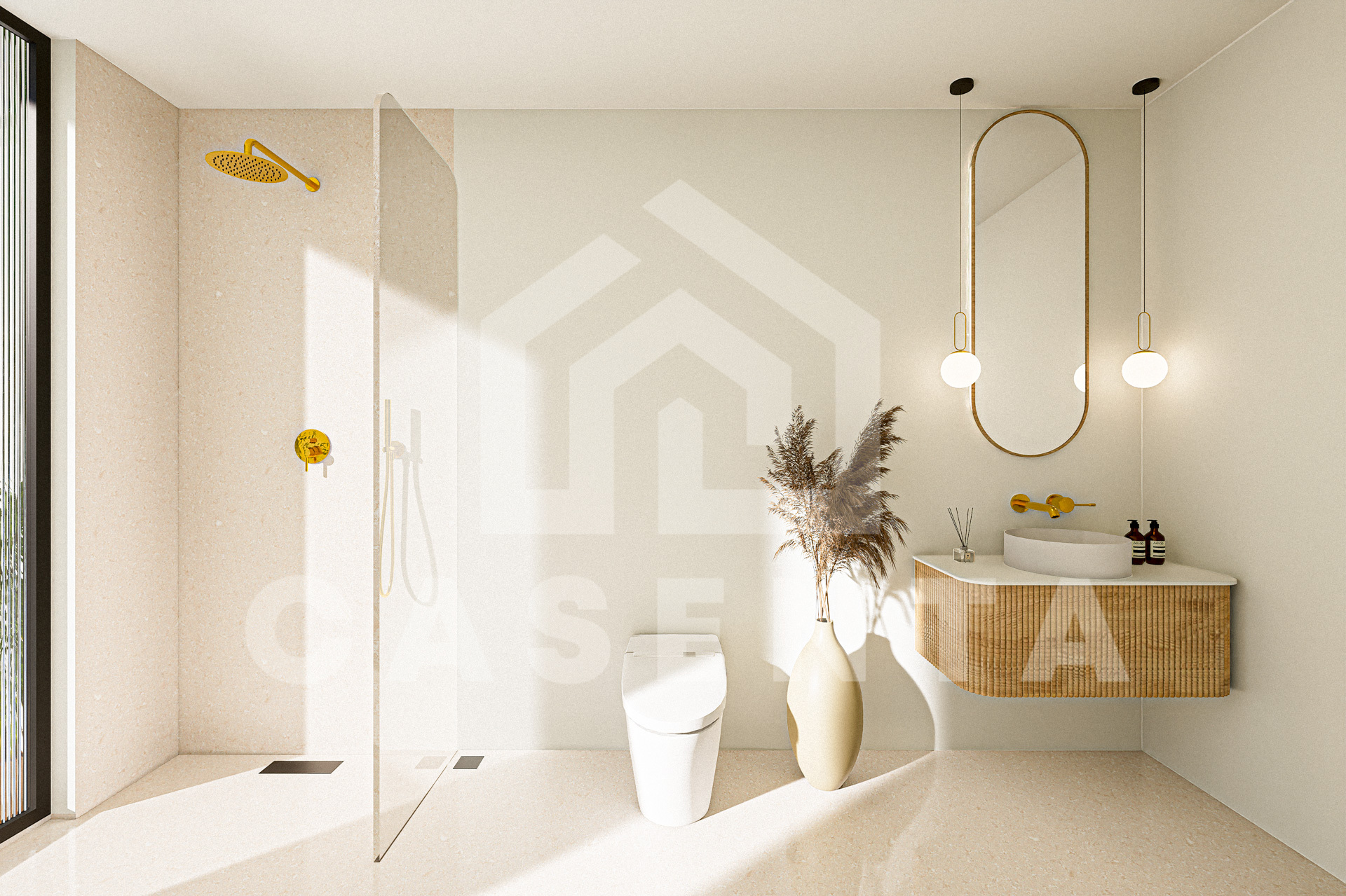 Modern bathroom with gold fixtures and floating vanity in Pererenan villa