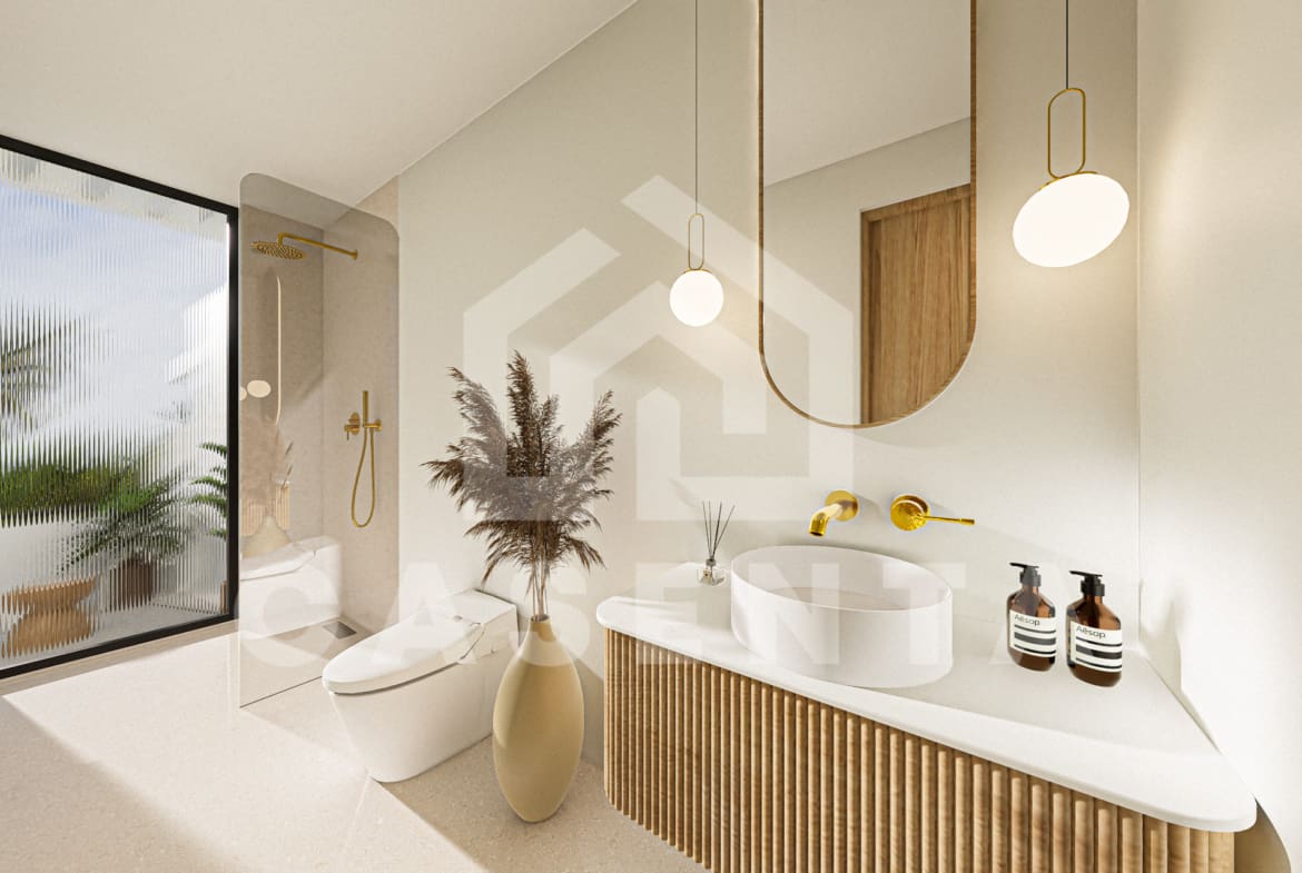 Bright contemporary bathroom with walk-in shower and vessel sink