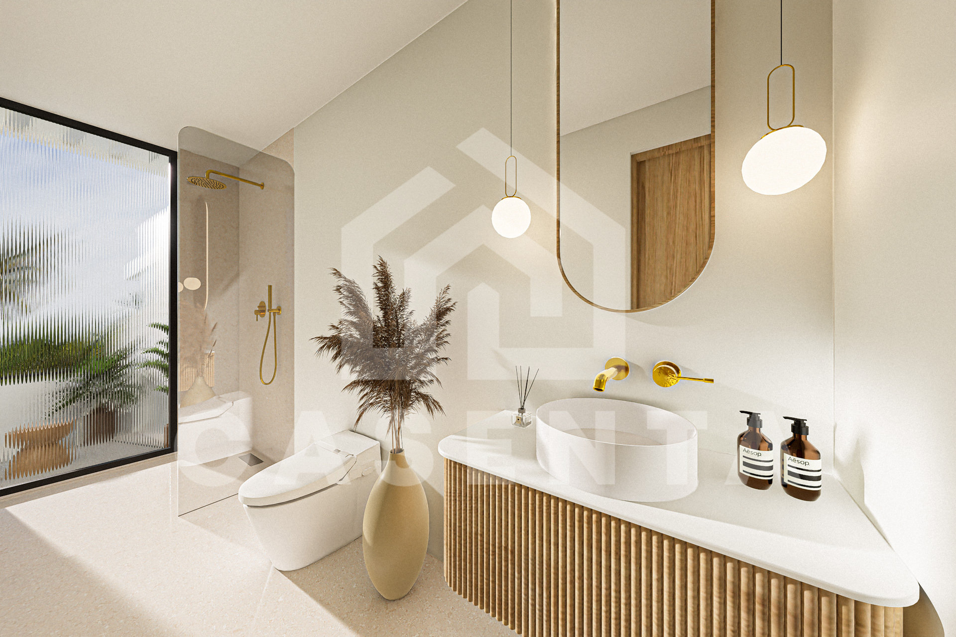 Bright contemporary bathroom with walk-in shower and vessel sink