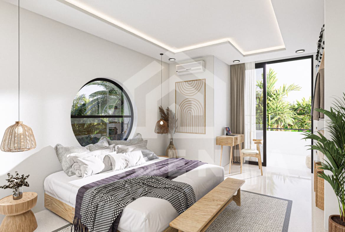 Bedroom with circular window, balcony and greenery views