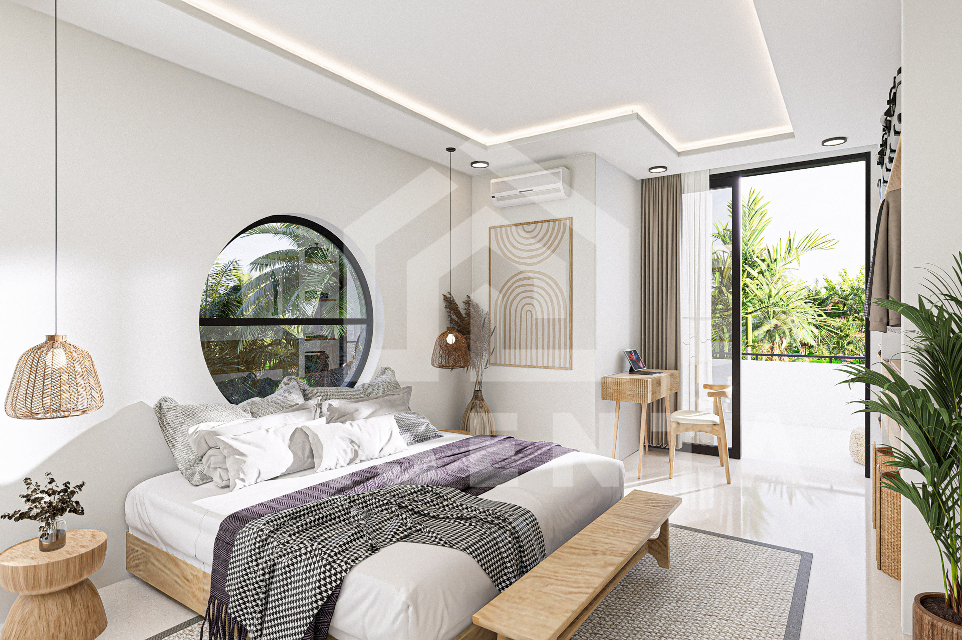 Bedroom with circular window, balcony and greenery views