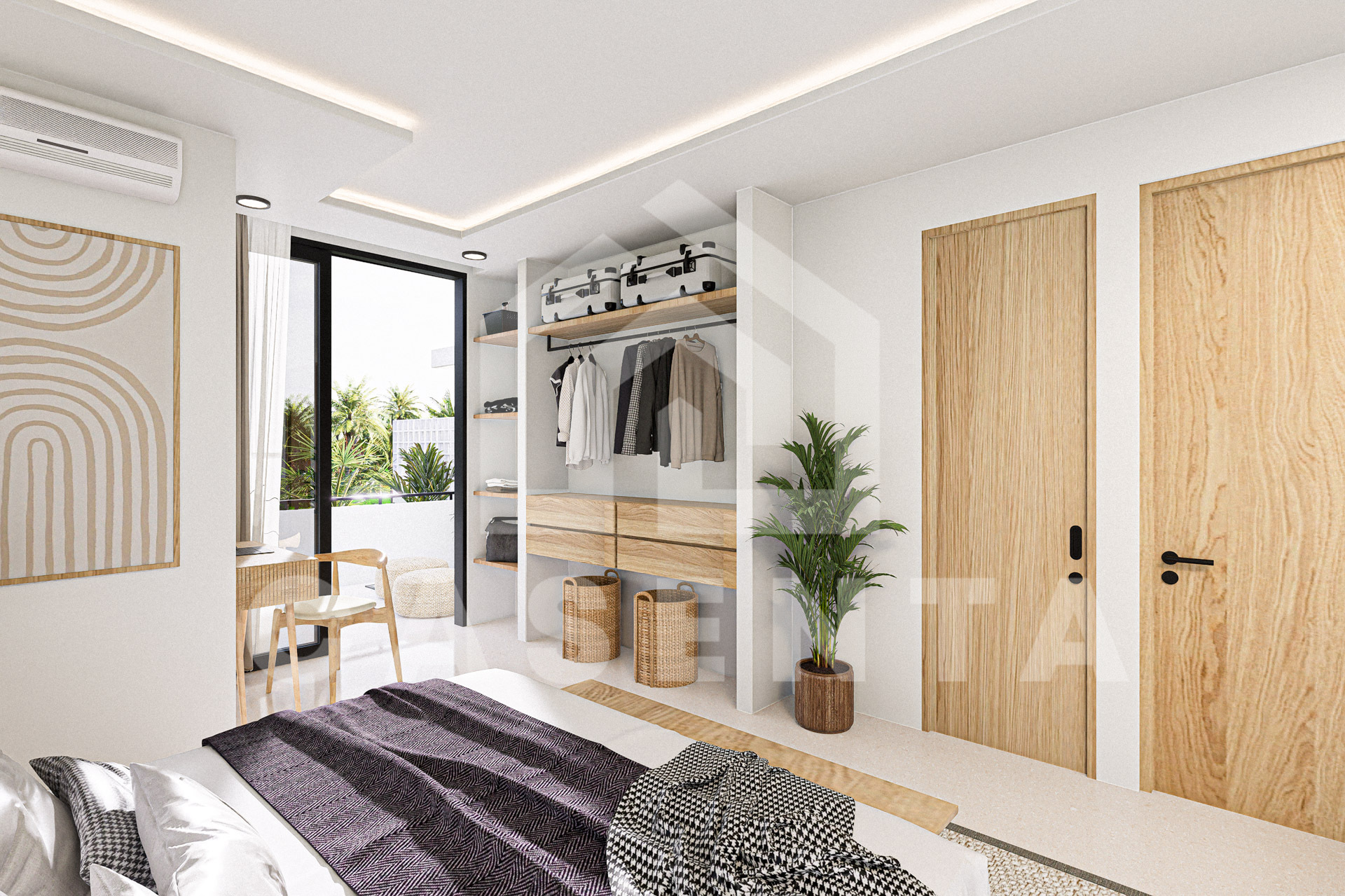 Bedroom with built-in wardrobe and workspace in Pererenan villa