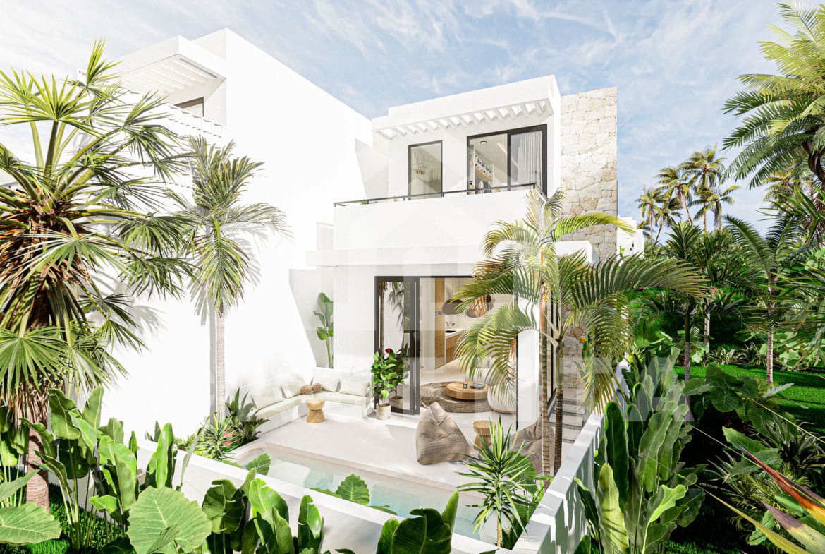 Exterior facade of modern 1BR Pererenan villa with balcony