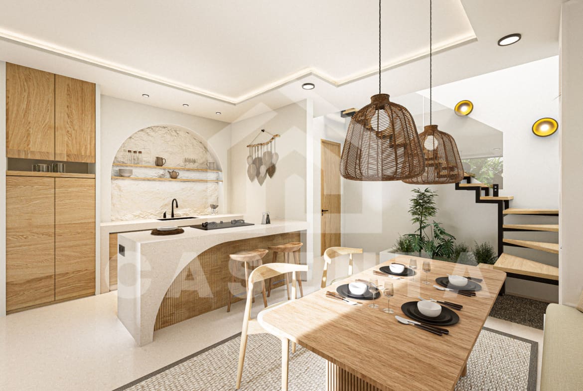 Open kitchen with island seating and wood cabinetry