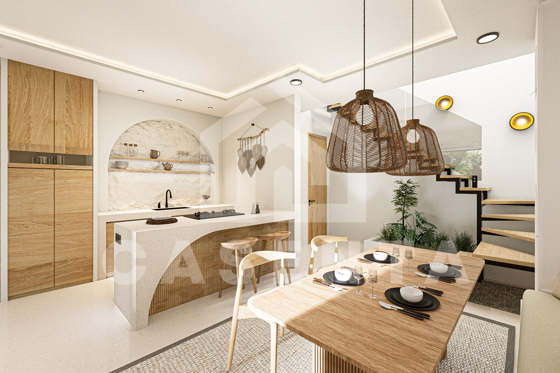 Open kitchen with island seating and wood cabinetry