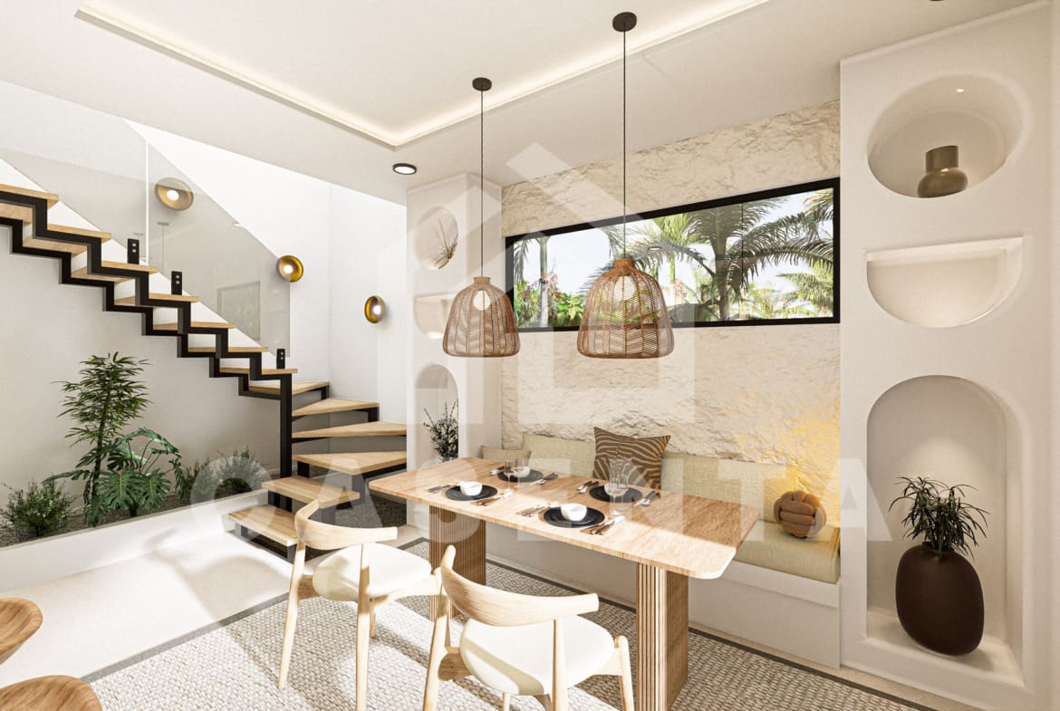 Dining area with bench seating and tropical garden outlook