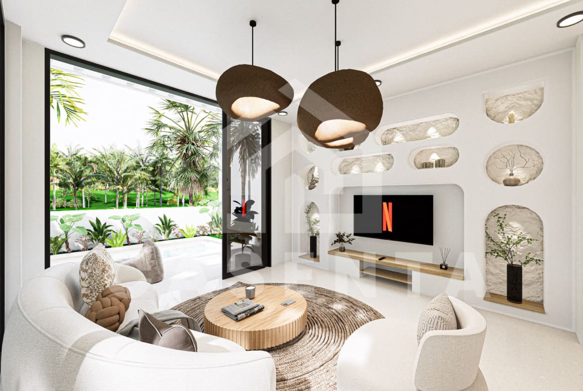 Living room with large window and built-in niche design