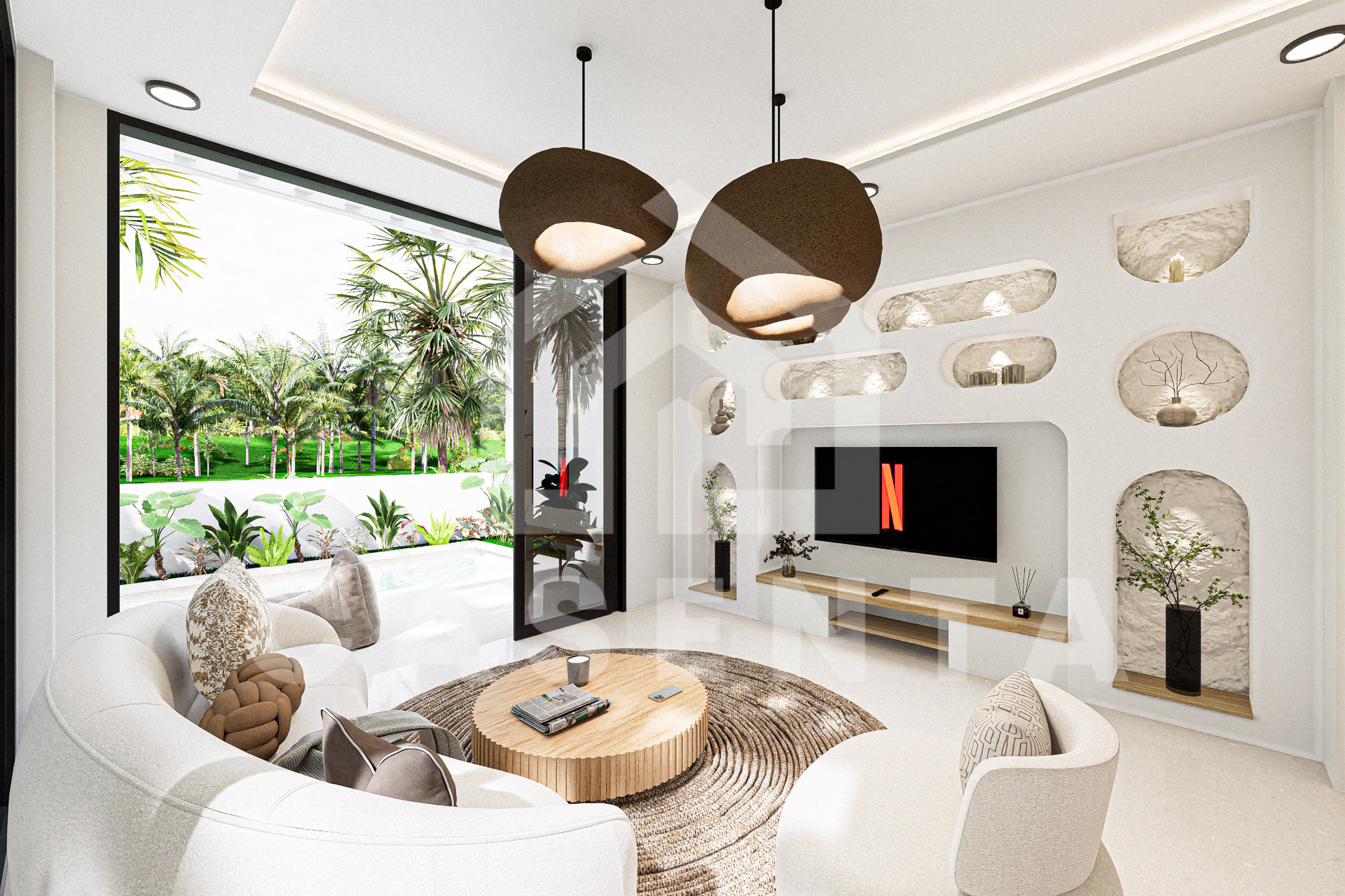 Living room with large window and built-in niche design