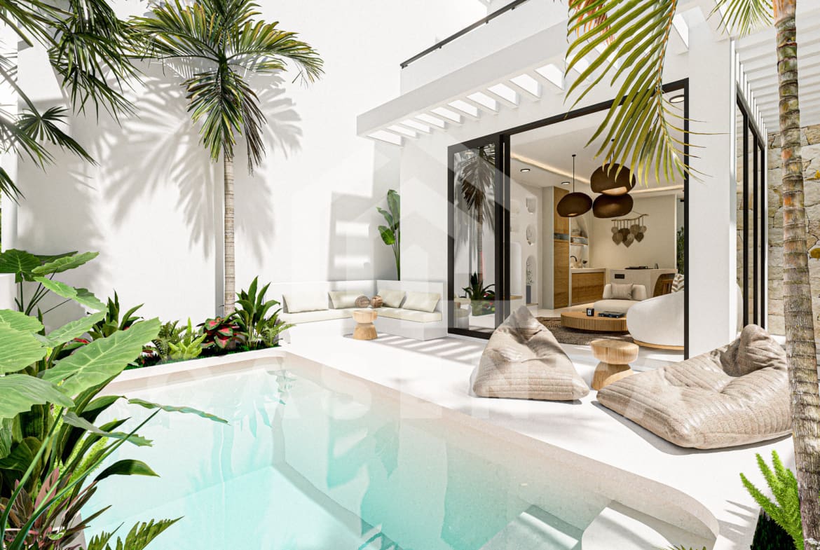 Outdoor pool with lounge seating and mature tropical landscaping