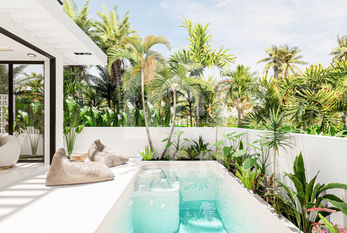 Poolside terrace with beanbags and outdoor sofa