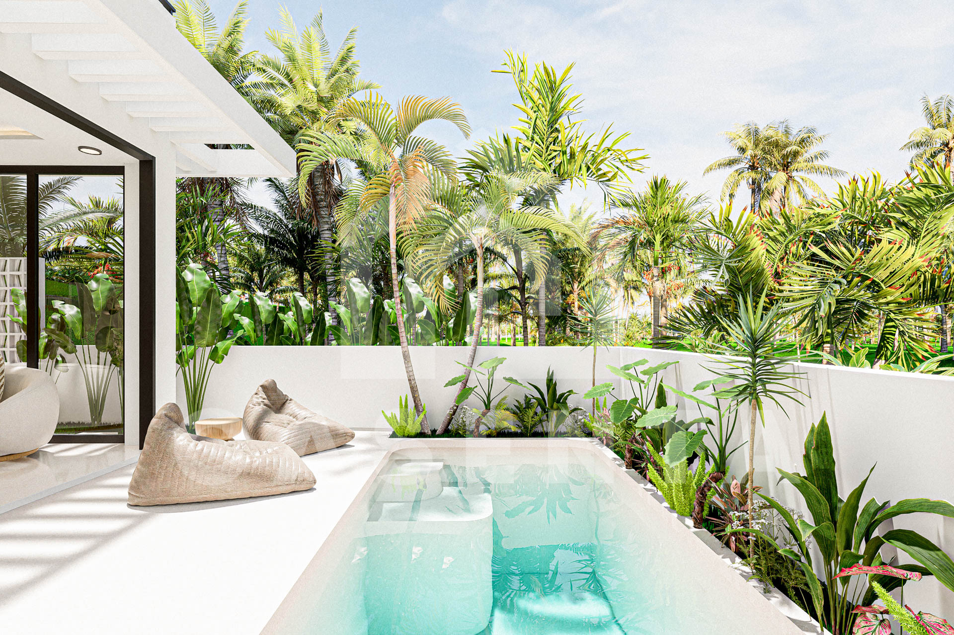 Poolside terrace with beanbags and outdoor sofa