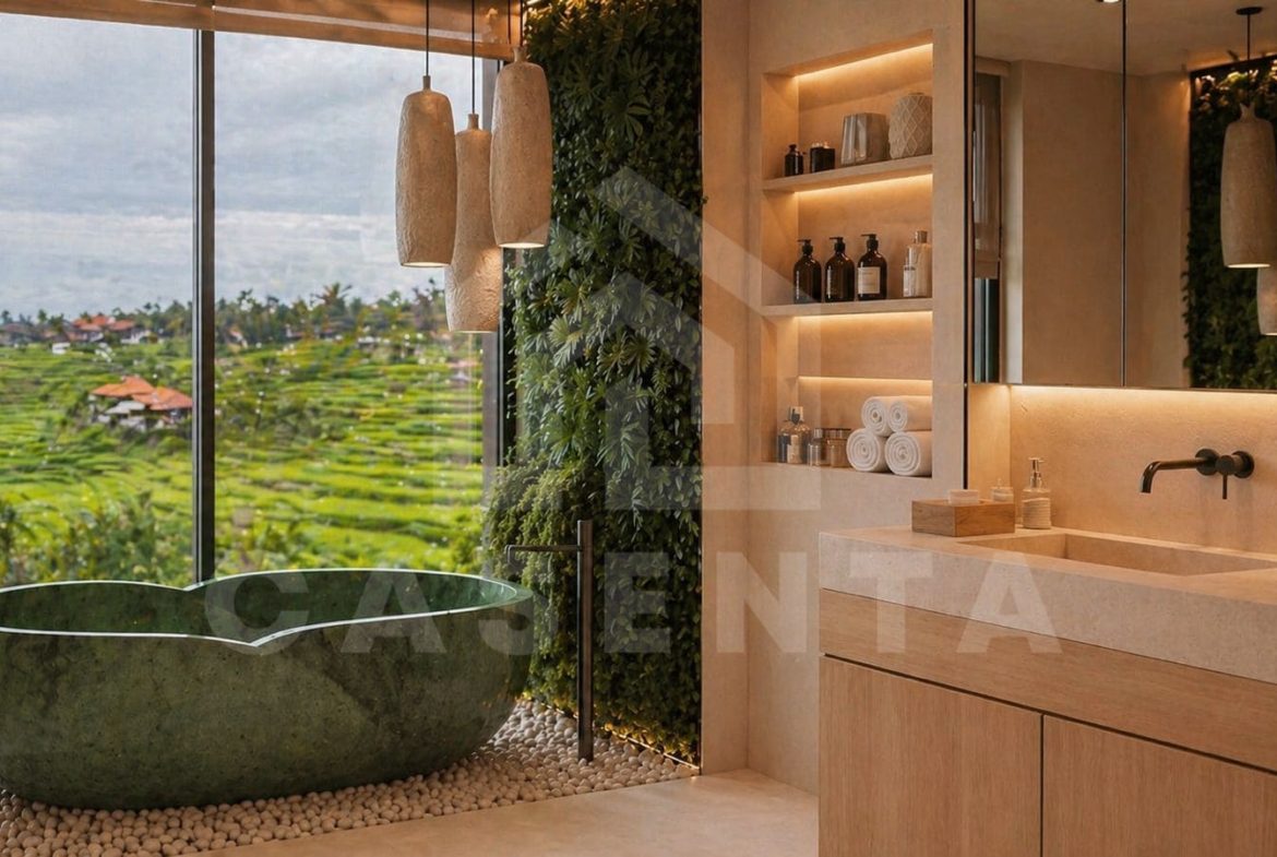 Seseh villa ensuite bathroom with bathtub and rainfall shower