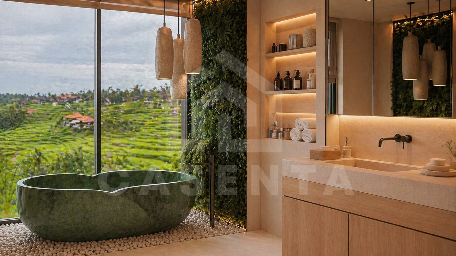 Seseh villa ensuite bathroom with bathtub and rainfall shower
