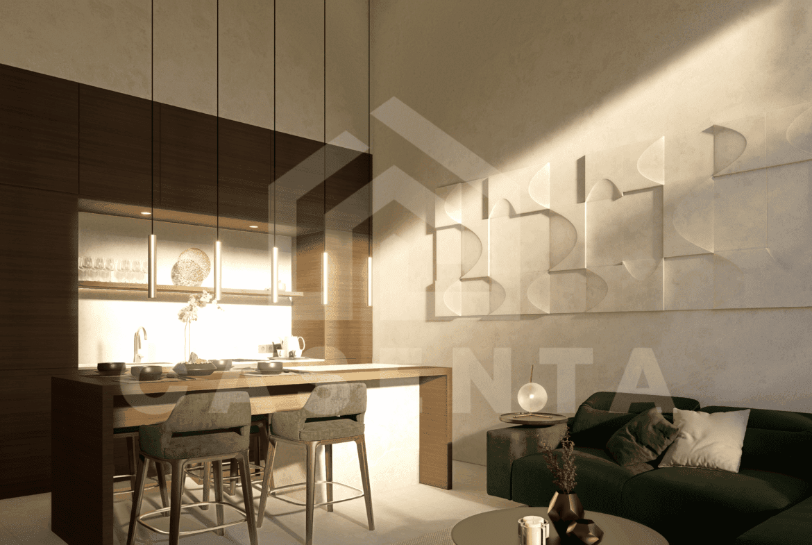 Minimalist living room with kitchen in Melasti villa