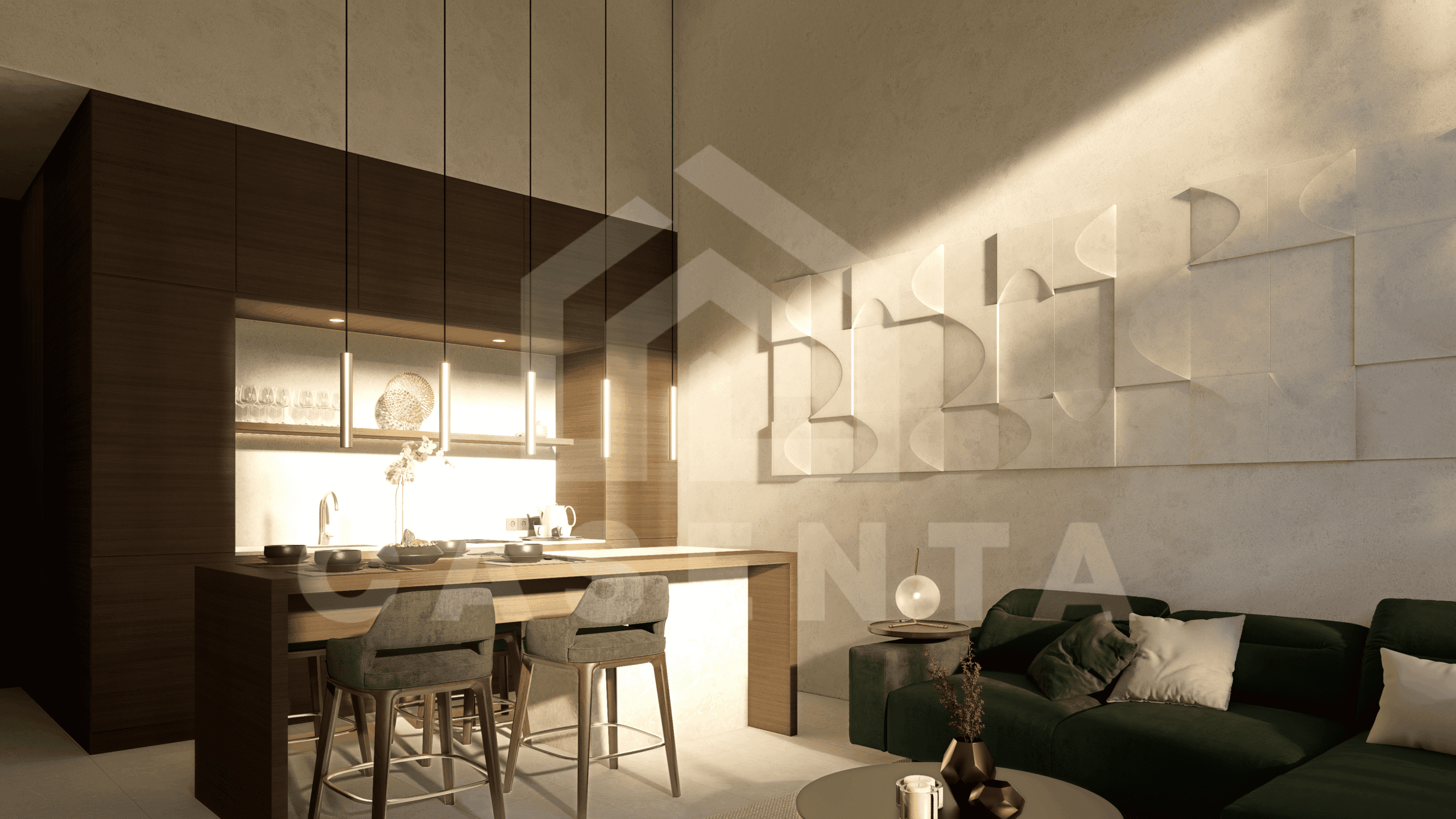 Minimalist living room with kitchen in Melasti villa