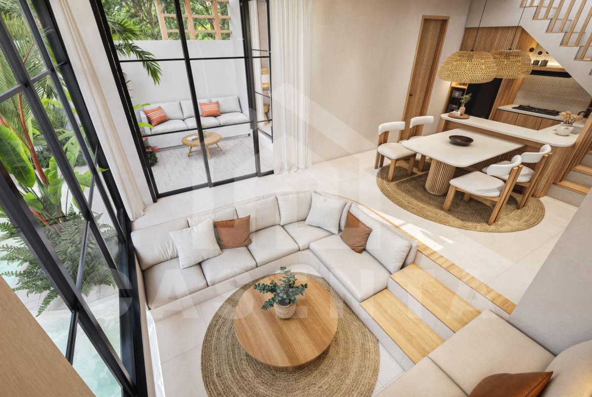 Sunken lounge living area in Pecatu Villa with pool view