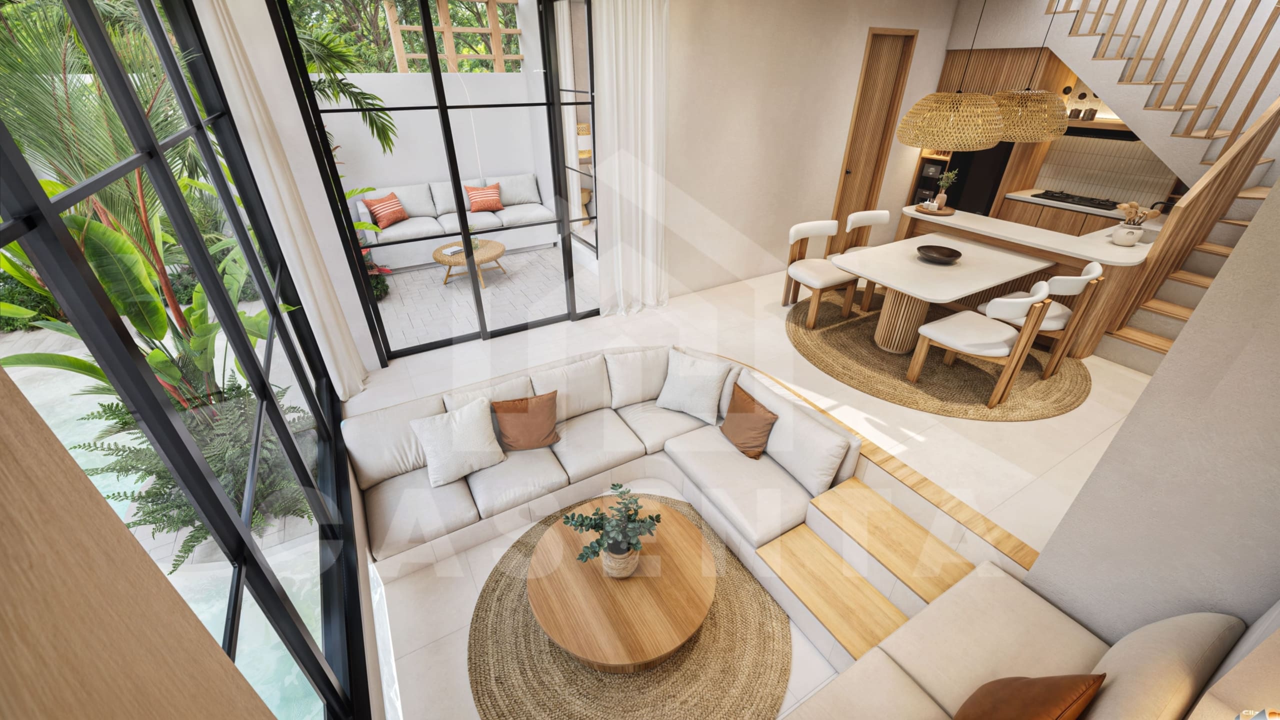 Sunken lounge living area in Pecatu Villa with pool view