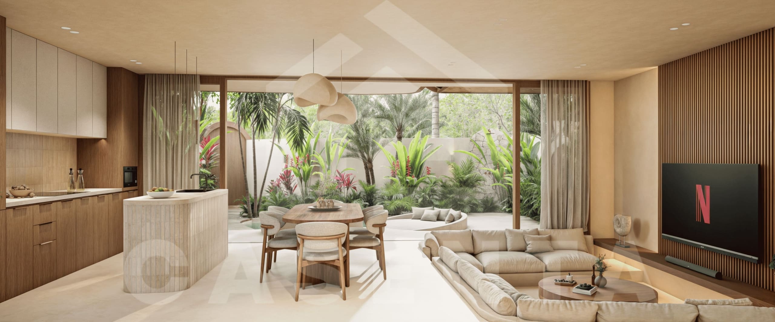 Sunken living area in Bukit Peninsula Villa with modern tropical design