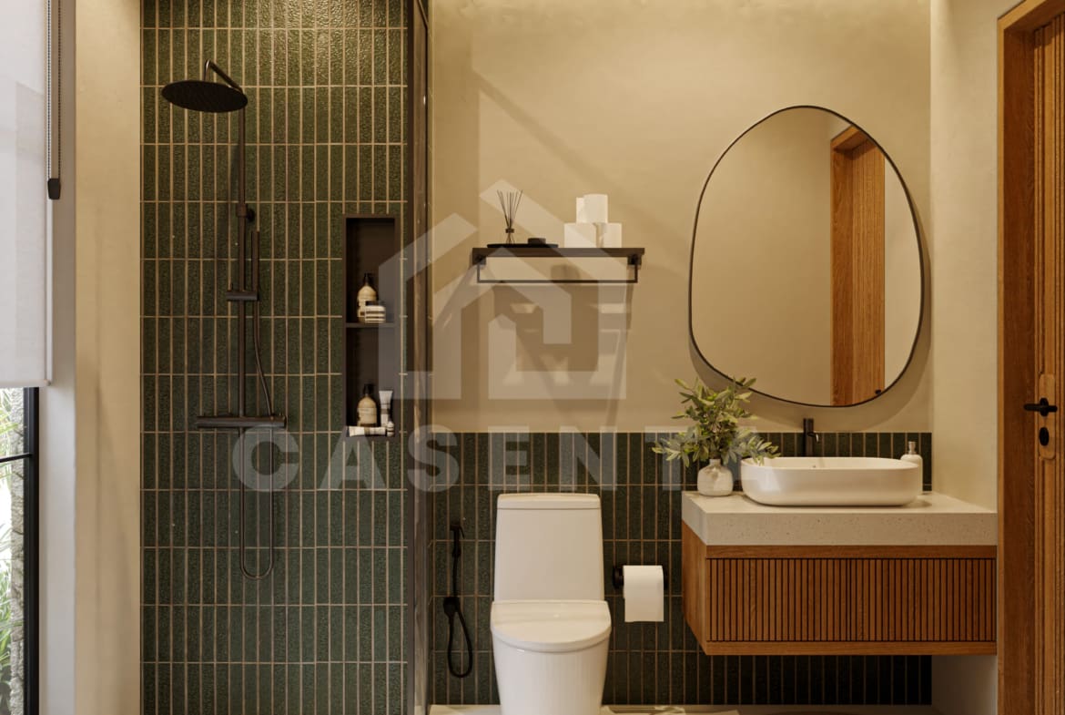 Modern bathroom with walk in shower and bathtub in Pecatu villa