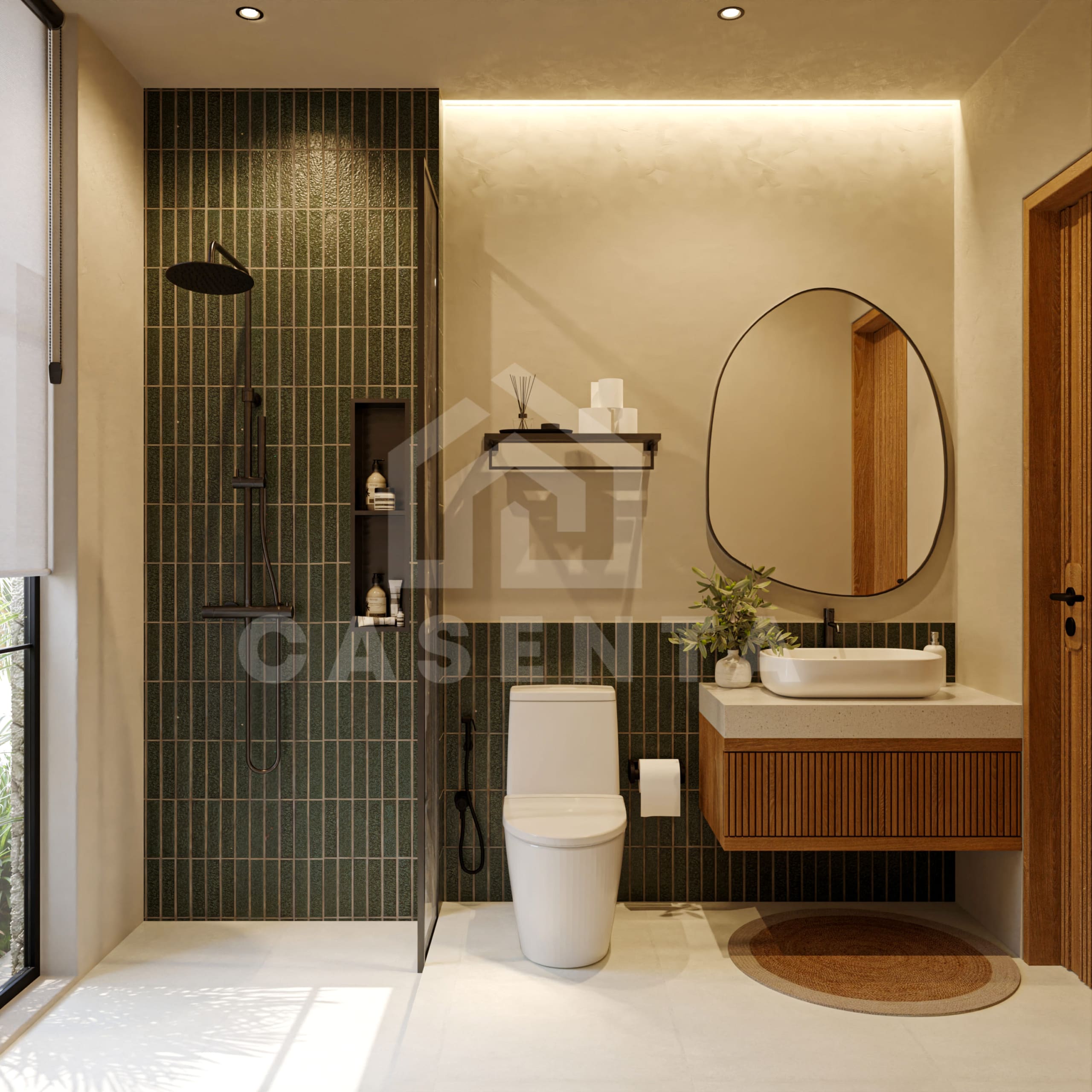 Modern bathroom with walk in shower and bathtub in Pecatu villa