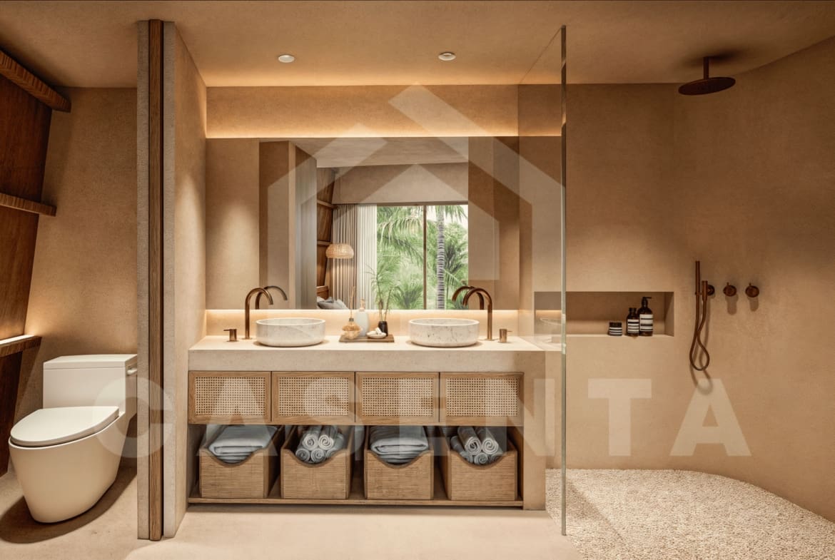 Modern ensuite bathroom with double vanity and rain shower in Bukit Peninsula Villa