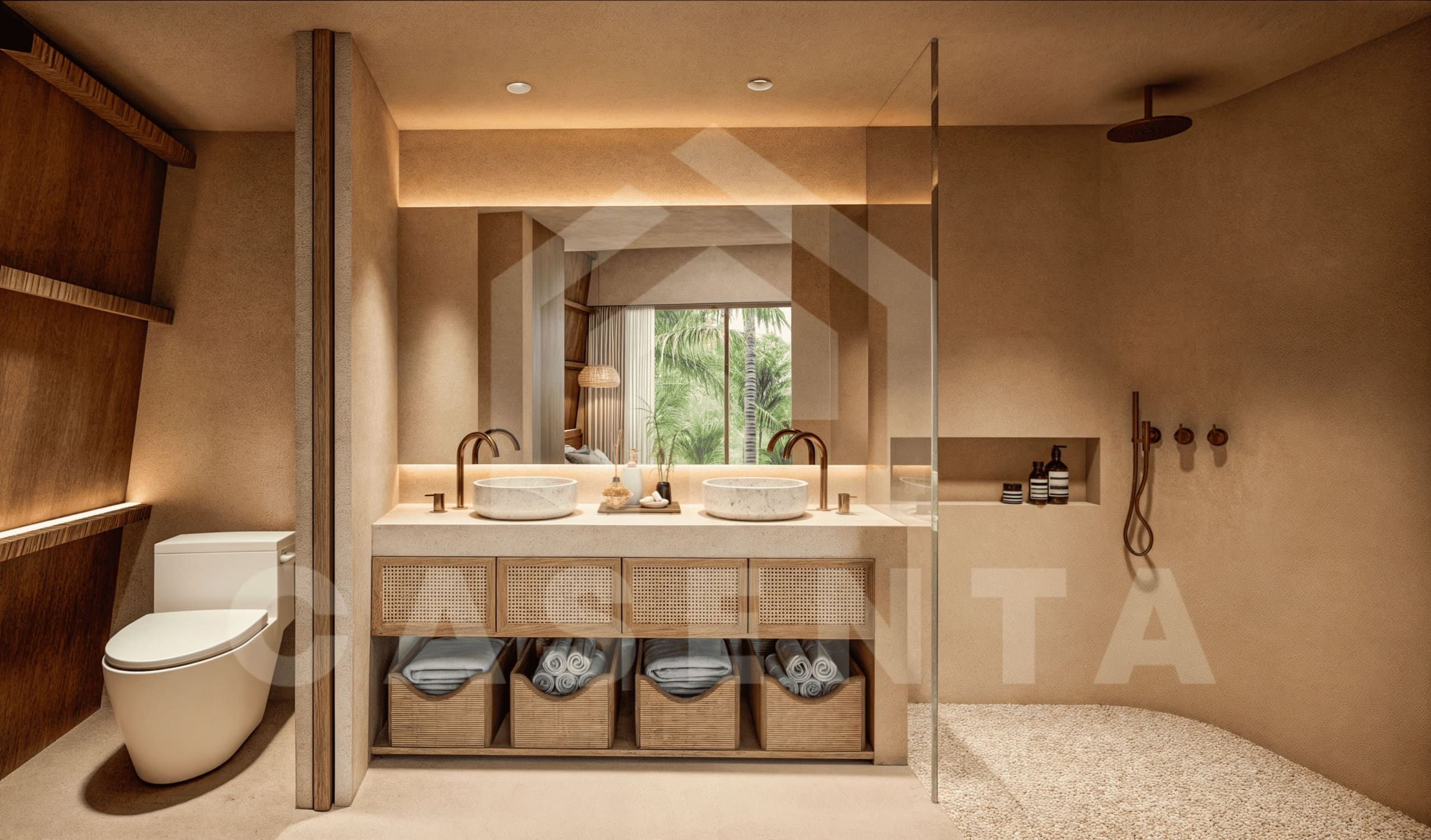 Modern ensuite bathroom with double vanity and rain shower in Bukit Peninsula Villa