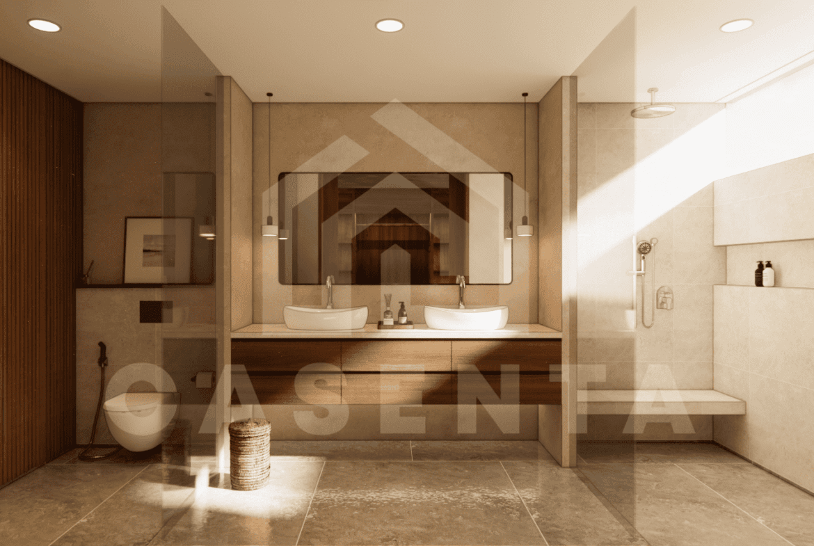 Modern ensuite bathroom with sunken bathtub in Jimbaran villa for sale
